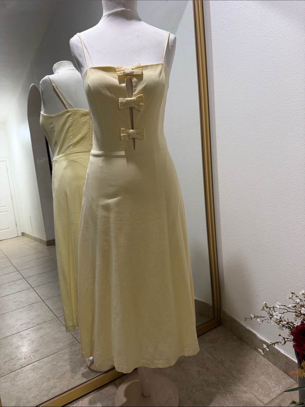 Wayf Light Yellow Bow-Front Midi Dress